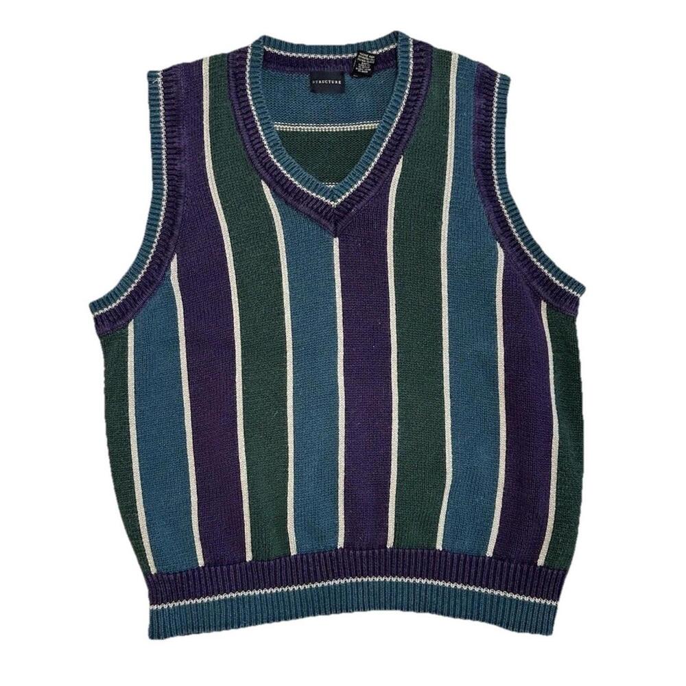 Vintage Structure Sweater Vest Mens L Blue Green Purple 90s Stripe V Neck Preppy